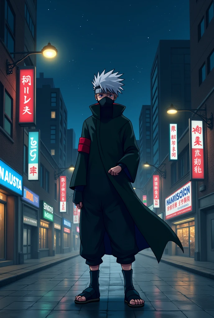 Kakashi anime character standing in the city street at night
