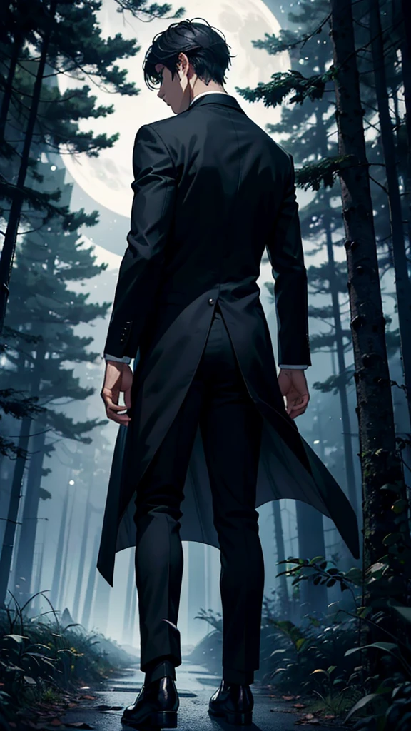 A young man in his early twenties, with tired features, walks through a dense forest at night. The lighting is dim, and a full moon appears between the trees. Suddenly, an elegant man in luxurious black clothes appears from behind a large tree, his features sharp and cunning, looking at the young man in a soft and mysterious way. The atmosphere is mysterious and tense, with dark shadows permeating the place.