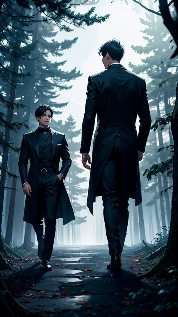 A young man in his early twenties, with tired features, walks through a dense forest at night. The lighting is dim, and a full moon appears between the trees. Suddenly, an elegant man in luxurious black clothes appears from behind a large tree, his features sharp and cunning, looking at the young man in a soft and mysterious way. The atmosphere is mysterious and tense, with dark shadows permeating the place.