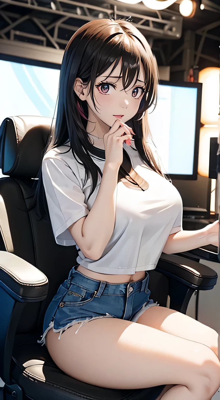  the girl  with long black hair, (ample breasts), wearing a white T-shirt and denim shorts, sitting on a chair in a TV studio. She talking seriously with a photographer. ((Her mouth is covered with her hands)). They are discussing something intently. in summer