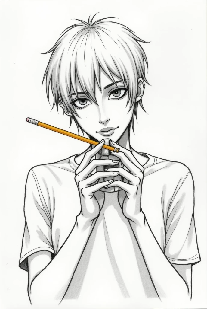 Generate a drawing of a pencil sharpener being held between the chin and the neck,  only one hand is sharpening a pencil with that sharpener that is between his chin and neck. Let the pencil sharpener be a simple one, silver manual.. Let it be drawing style. That the pencil is inside the sharpener, The sharpener is small and does not have any compartment for pencil waste.. You can see the bend he makes with his head to hold it.