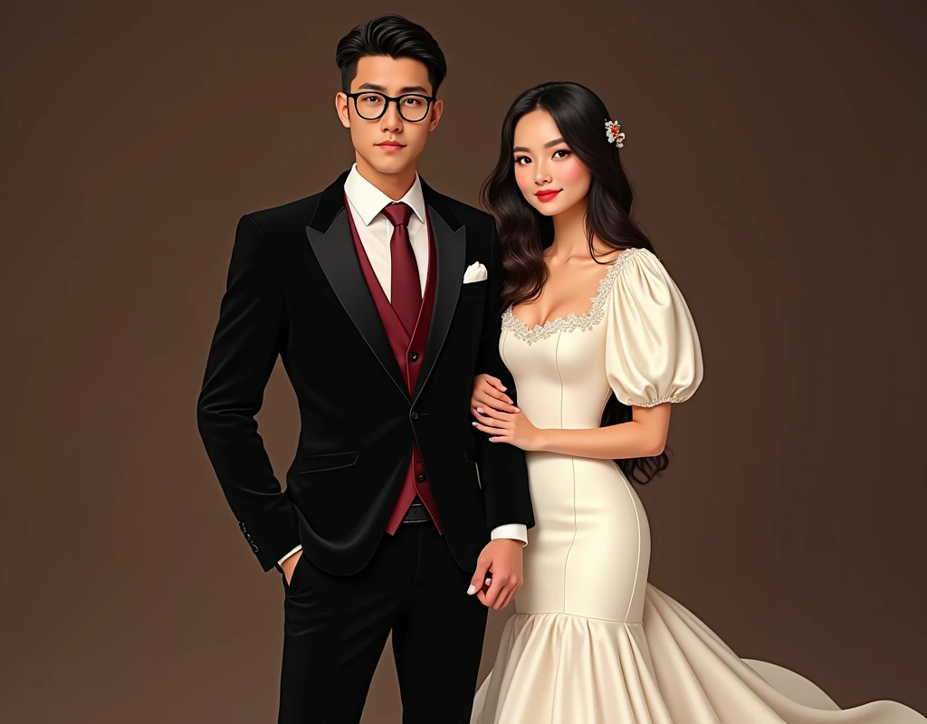 Create a groom's attire. A black suit with burgundy lining, with white long sleeve and burgundy necktie and black pants with black shoes. The suit is for a 5feet filipino male, 80kilograms weight and light brown skin with black eyeglasses.
Together is a bride wedding gown. An off white puff sleeve square neck mermaid mikado dress for a 5feet filipina.