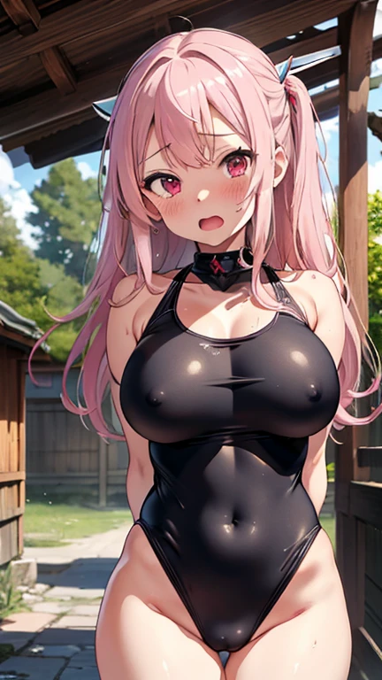 mastute piece,Best Quality,insanely detailed,8k cg,nsfw,
(shoot upper body:1.3),
(1girls:1.3),standing,looking at viewr,body in front,((both arms behind back:1.4)),(shrine maiden swimsuit:1.2),(bare breasts:1.2),break,
blush,shy,(ecstasy face),(trembling:1.2),break,(light pink hair:1.2),
break,
perfect breasts,perfect teats,(open mouth:0.9),(large breasts:1.3),
(shrine:1.1),