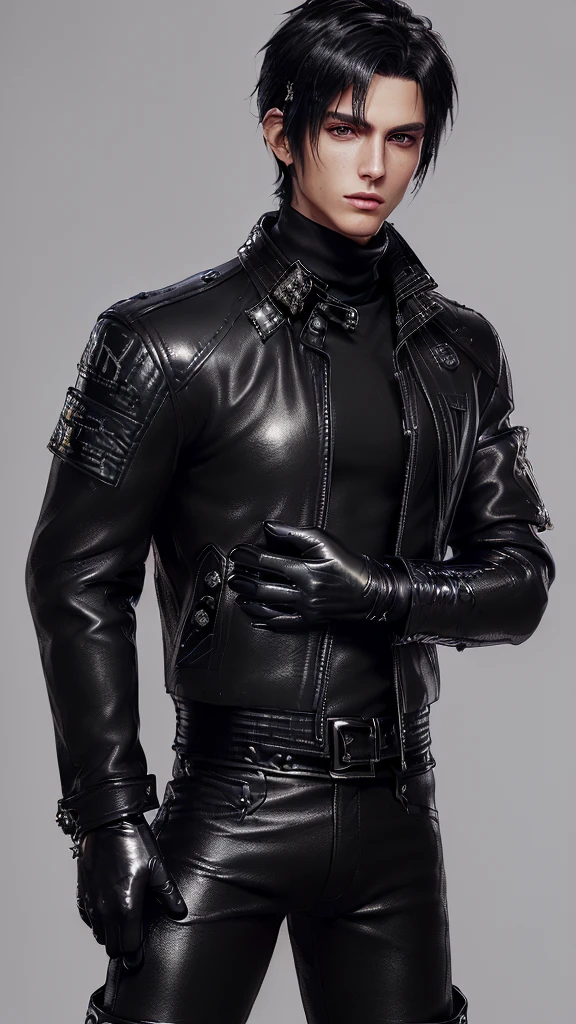 ((Final fantasy taste and reality graphics)), ((Japanese young cute and cool ikemen boy)), his age is early 20s, thin eyebrows and beady eyes, ((((he wearing black color leather very thick single-brest jacket)))),((((leather jacket is smooth luster and shiny)))), ((jacket with epaulet)), ((leather jacket close all zippers)),, ,(( jacket collar is very high length stand-up collar with belts)), , (((also wearing black color turtleneck polyester shirts))), (((tight black and leather pants))), ((((black leather tight and thin glove)))), ((black color leather knee-high raceup boots)),((show the boy whole body)), boy looks like fashion model,Do not show skin from the neck down,(((all his clothes are smooth design and very shining))),(((Avoid adding unnecessary decorations to your clothes))),(((all clothes is simple design and appearance))),(((don't wear jewelry on all clothes)))