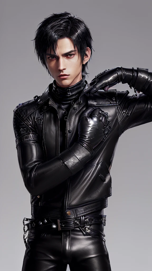 ((Final fantasy taste and reality graphics)), ((Japanese young cute and cool ikemen boy)), his age is early 20s, thin eyebrows and beady eyes, ((((he wearing black color leather very thick single-brest jacket)))),((((leather jacket is smooth luster and shiny)))), ((jacket with epaulet)), ((leather jacket close all zippers)),, ,(( jacket collar is very high length stand-up collar with belts)), , (((also wearing black color turtleneck polyester shirts))), (((tight black and leather pants))), ((((black leather tight and thin glove)))), ((black color leather knee-high raceup boots)),((show the boy whole body)), boy looks like fashion model,Do not show skin from the neck down,(((all his clothes are smooth design and very shining))),(((Avoid adding unnecessary decorations to your clothes))),(((all clothes is simple design and appearance))),(((don't wear jewelry on all clothes)))