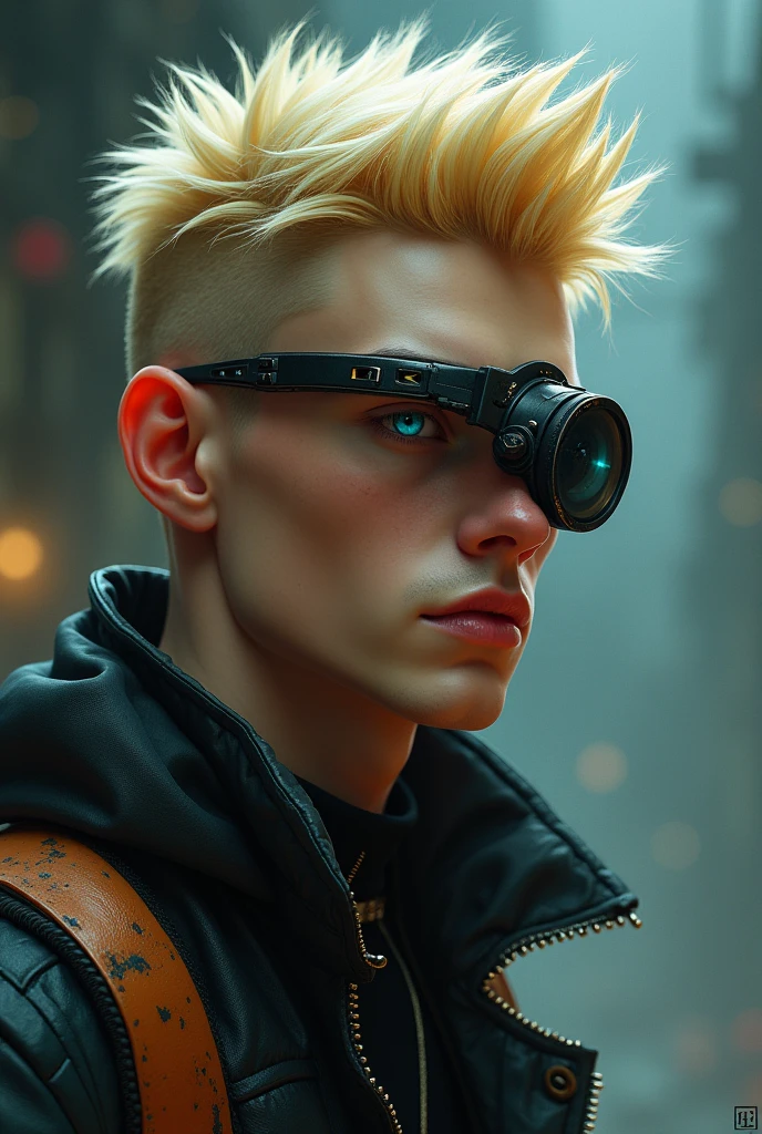 a blond cyberpunk man wearing single-lens monocles. realistic 2d style

