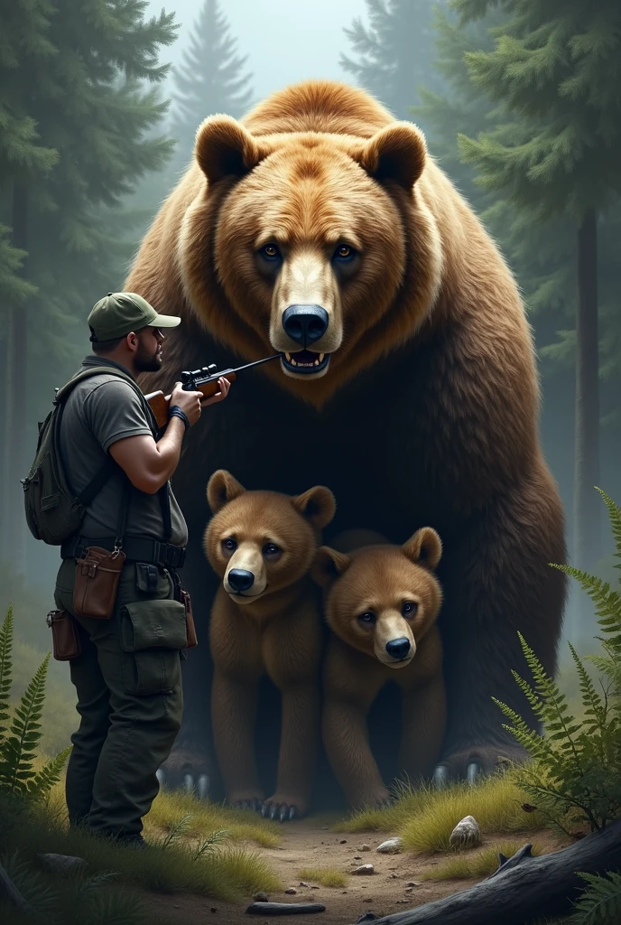 A bear with its cubs trying to hug a hunter who is pointing a gun at them, to draw