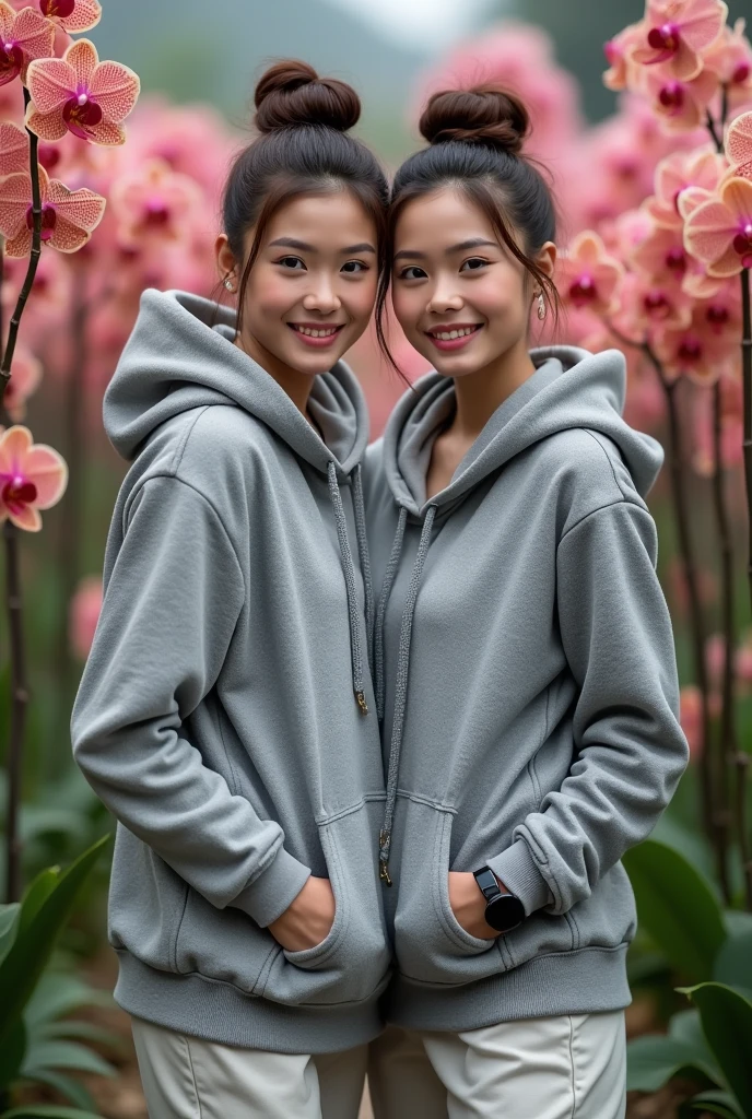 Dua orang wanita Indonesia cantik, smooth white skin, well-groomed face,hair in a bun , Korean road, ,wearing a cement gray knitted hoodie, brand name (feel ) celana kargo coklat, Modern style. Lots of pockets,black watch, white shoes, satu berpose duduk,the other one is posing standing, di samping bunga warna merah maron. which flowers beautifully and thickly. The background of the beautiful orchid flower garden is very amazing .Realistic original photo 