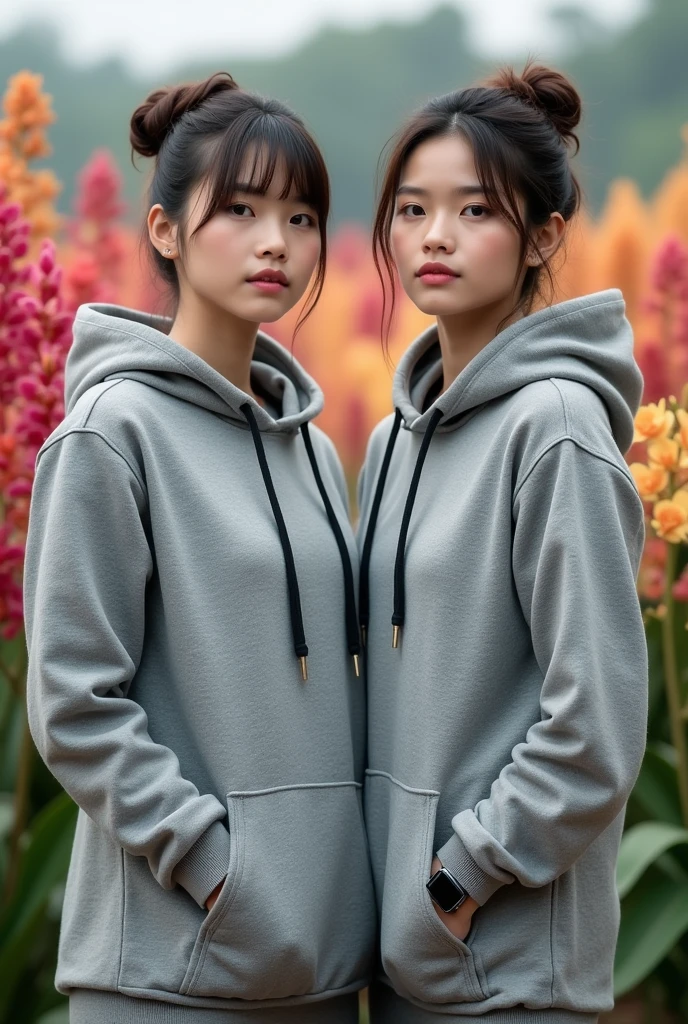 Dua orang wanita Indonesia cantik, smooth white skin, well-groomed face,hair in a bun , Korean road, ,wearing a cement gray knitted hoodie, brand name (feel ) celana kargo coklat, Modern style. Lots of pockets,black watch, white shoes, satu berpose duduk,the other one is posing standing, di samping bunga warna merah maron. which flowers beautifully and thickly. The background of the beautiful orchid flower garden is very amazing .Realistic original photo