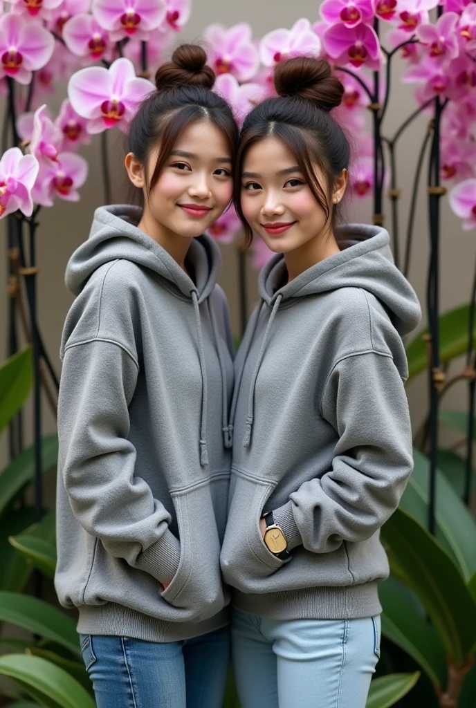 Dua orang wanita Indonesia cantik, smooth white skin, well-groomed face,hair in a bun , Korean road, ,wearing a cement gray knitted hoodie, brand name (feel ) celana kargo coklat, Modern style. Lots of pockets,black watch, white shoes, satu berpose duduk,the other one is posing standing, di samping bunga warna merah maron. which flowers beautifully and thickly. The background of the beautiful orchid flower garden is very amazing .Realistic original photo
