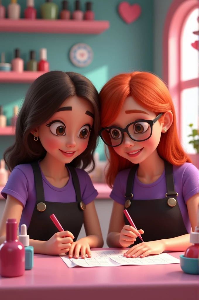 Pixar style image, brunette girl, redhead with shoulder length hair, with glasses. Purple T-shirt and black apron. Manicurist