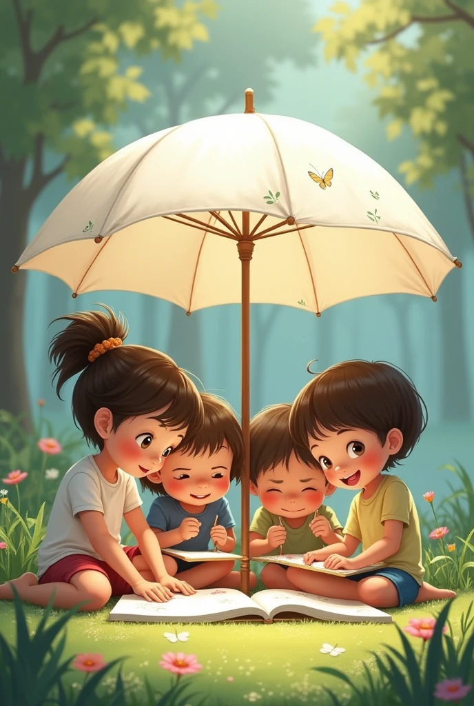 children drawing children under a white umbrella with a book in their hands