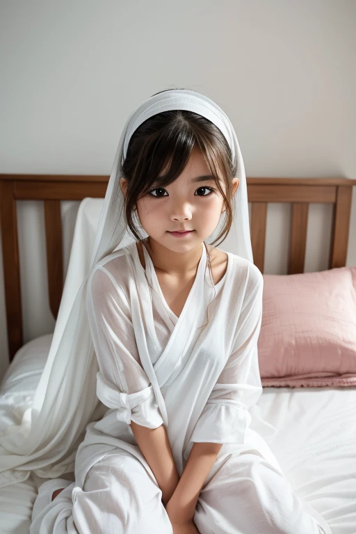 a girl, cute hair,It is covered by a thin white cloth,in a bed