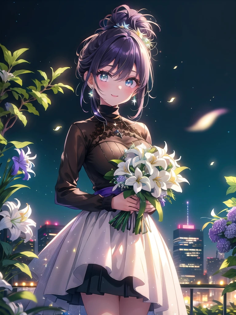 ((8k, Highest quality, masterpiece: 1.3)),Ultra-high resolution,(1 girl, alone), (Color changing eyes, Ultra-detailed, Expressive brilliance, Glitter, Glowing Eyes), Highly detailed eyes, Highly detailed face, Random Hair, ((pastel colour))Visualize a woman in a chic, urban rooftop garden setting, with the city skyline visible in the background. She’s holding a bouquet of vivid purple irises, delicate white lilies of the valley, and ferns, wrapped in a rustic brown kraft paper tied with twine, adding a natural yet vibrant touch. The bouquet is voluminous and fresh, with long, elegant stems that add height and grace. She’s dressed in a sleek black turtleneck paired with a vibrant teal pleated skirt, giving her a stylish and contemporary look. Her hair is styled in a neat low bun, with a few loose strands framing her face. She faces the camera with a broad, joyful smile, her eyes reflecting the joy of the moment. She offers the bouquet forward with one hand, her other hand gently placed on her hip, her posture relaxed yet full of anticipation. The background features urban greenery, a few lounge chairs, and fairy lights, with gentle sparkles enhancing the celebratory and urban-chic atmosphere.