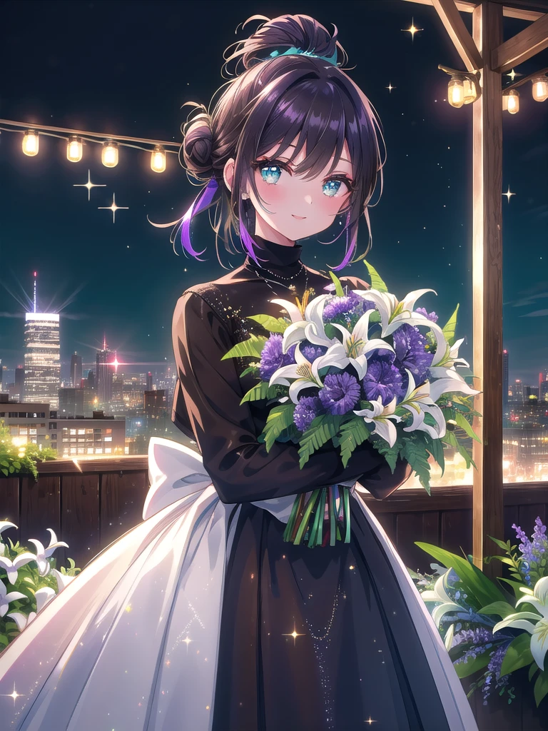 ((8k, Highest quality, masterpiece: 1.3)),Ultra-high resolution,(1 girl, alone), (Color changing eyes, Ultra-detailed, Expressive brilliance, Glitter, Glowing Eyes), Highly detailed eyes, Highly detailed face, Random Hair, ((pastel colour))Visualize a woman in a chic, urban rooftop garden setting, with the city skyline visible in the background. She’s holding a bouquet of vivid purple irises, delicate white lilies of the valley, and ferns, wrapped in a rustic brown kraft paper tied with twine, adding a natural yet vibrant touch. The bouquet is voluminous and fresh, with long, elegant stems that add height and grace. She’s dressed in a sleek black turtleneck paired with a vibrant teal pleated skirt, giving her a stylish and contemporary look. Her hair is styled in a neat low bun, with a few loose strands framing her face. She faces the camera with a broad, joyful smile, her eyes reflecting the joy of the moment. She offers the bouquet forward with one hand, her other hand gently placed on her hip, her posture relaxed yet full of anticipation. The background features urban greenery, a few lounge chairs, and fairy lights, with gentle sparkles enhancing the celebratory and urban-chic atmosphere.