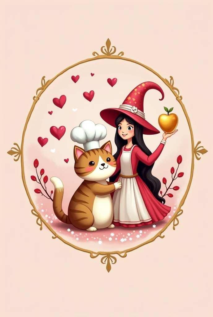 {
"prompt": "Design a logo for a company named 'Sorega Doces'. The background should be a soft baby pink, with details in red, white, and gold. Incorporate elements from the Lover, Creator, and Magician archetypes. Include a cat wearing a chef's hat, surrounded by hearts. Add a female mage or sorceress holding a golden apple. The entire design should be enclosed within a circular gold frame. The overall style should be whimsical yet elegant, blending magic and sweetness in the design.",
"size": "1024x1024"
}