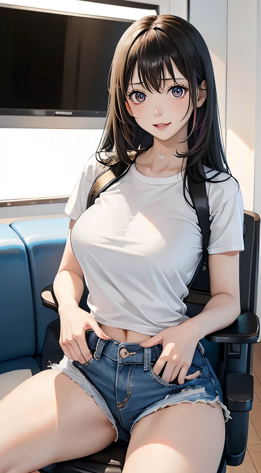  the girl  with long black hair, (ample breasts), wearing a white T-shirt and denim shorts, sitting on a chair in a TV studio. She talking seriously with a photographer. ((Her mouth is covered with her hands)). They are discussing something intently. in summer