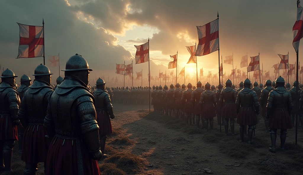 In a dramatic, shadow-filled landscape, English troops assemble for the imminent military campaign. The scene is set at dawn, with the first light casting long shadows across a rugged terrain. Soldiers, clad in steel armor and chainmail, stand in disciplined rows, their expressions a mix of steely resolve and anxious anticipation. Banners and standards bearing the English cross flutter in the cold morning breeze, their vivid reds and whites stark against the muted grays of the battlefield. The camp is abuzz with activity: blacksmiths forge weapons, horses are saddled, and strategists confer in hushed tones. The dark clouds above hint at an impending storm, adding a foreboding atmosphere to the scene. The entire composition, with its rich textures and intense contrasts, evokes the monumental and somber onset of the Hundred Years' War, rendered in the evocative style of Edmund Blair Leighton., Surrealism, Hyperrealism, UHD, retina, masterpiece, accurate, anatomically correct, textured skin, super detail, 16k