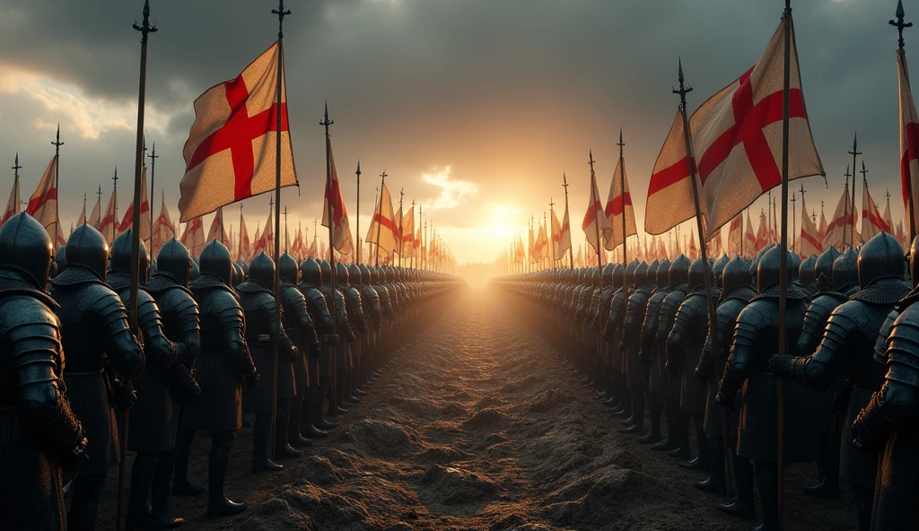 In a dramatic, shadow-filled landscape, English troops assemble for the imminent military campaign. The scene is set at dawn, with the first light casting long shadows across a rugged terrain. Soldiers, clad in steel armor and chainmail, stand in disciplined rows, their expressions a mix of steely resolve and anxious anticipation. Banners and standards bearing the English cross flutter in the cold morning breeze, their vivid reds and whites stark against the muted grays of the battlefield. The camp is abuzz with activity: blacksmiths forge weapons, horses are saddled, and strategists confer in hushed tones. The dark clouds above hint at an impending storm, adding a foreboding atmosphere to the scene. The entire composition, with its rich textures and intense contrasts, evokes the monumental and somber onset of the Hundred Years' War, rendered in the evocative style of Edmund Blair Leighton., Surrealism, Hyperrealism, UHD, retina, masterpiece, accurate, anatomically correct, textured skin, super detail, 16k