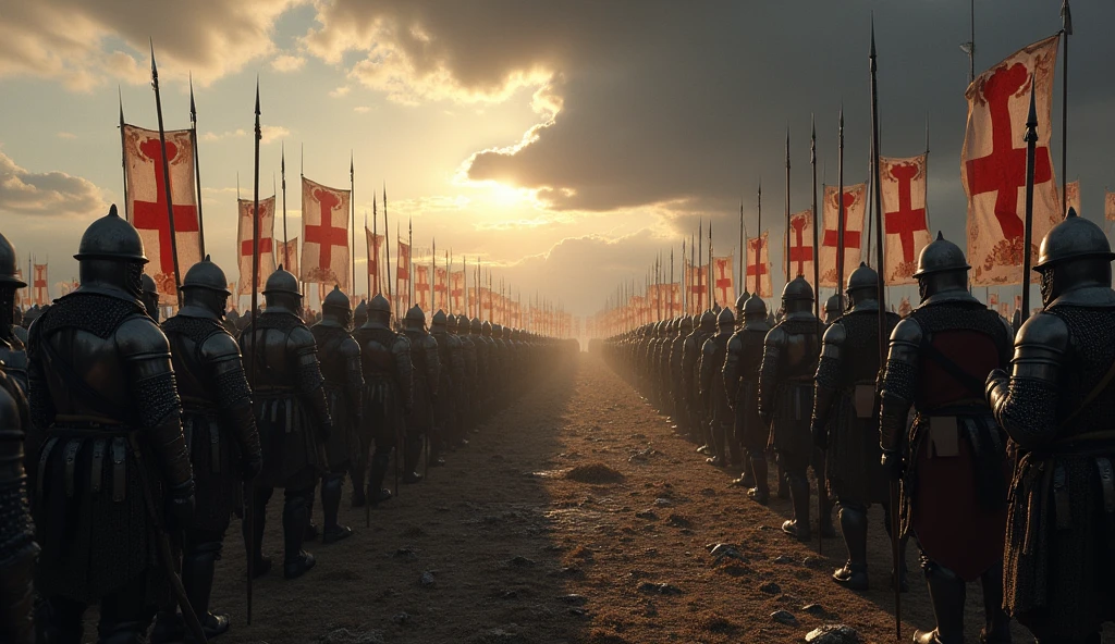 In a dramatic, shadow-filled landscape, English troops assemble for the imminent military campaign. The scene is set at dawn, with the first light casting long shadows across a rugged terrain. Soldiers, clad in steel armor and chainmail, stand in disciplined rows, their expressions a mix of steely resolve and anxious anticipation. Banners and standards bearing the English cross flutter in the cold morning breeze, their vivid reds and whites stark against the muted grays of the battlefield. The camp is abuzz with activity: blacksmiths forge weapons, horses are saddled, and strategists confer in hushed tones. The dark clouds above hint at an impending storm, adding a foreboding atmosphere to the scene. The entire composition, with its rich textures and intense contrasts, evokes the monumental and somber onset of the Hundred Years' War, rendered in the evocative style of Edmund Blair Leighton., Surrealism, Hyperrealism, UHD, retina, masterpiece, accurate, anatomically correct, textured skin, super detail, 16k