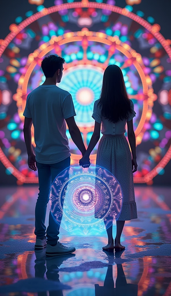 (work of art, best qualityer), 8k,(((very detailled))), racing:1.8,Super intricate racing pattern,colorful racing pattern,Transparent body with colored glass bottom, mandala,illuminate,chilly, 1 man holding hands with 1 woman, Open back, (Straight long hair,brown),