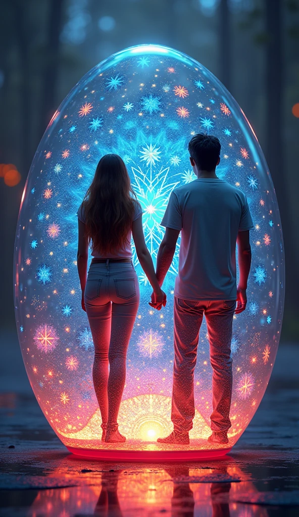 (work of art, best qualityer), 8k,(((very detailled))), racing:1.8,Super intricate racing pattern,colorful racing pattern,Transparent body with colored glass bottom, mandala,illuminate,chilly, 1 man holding hands with 1 woman, Open back, (Straight long hair,brown),
