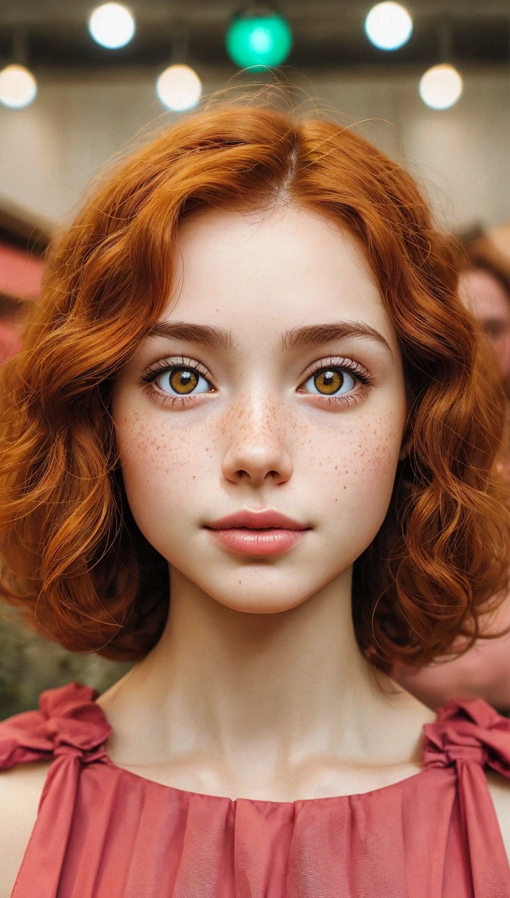 2 girl with long red curly hair and big honey colored eyes, small face and small nose and puffy lips and pale skin and rosy cheeks, medium bodied, and prominent chest, small waisted with overalls on and in a garden. 