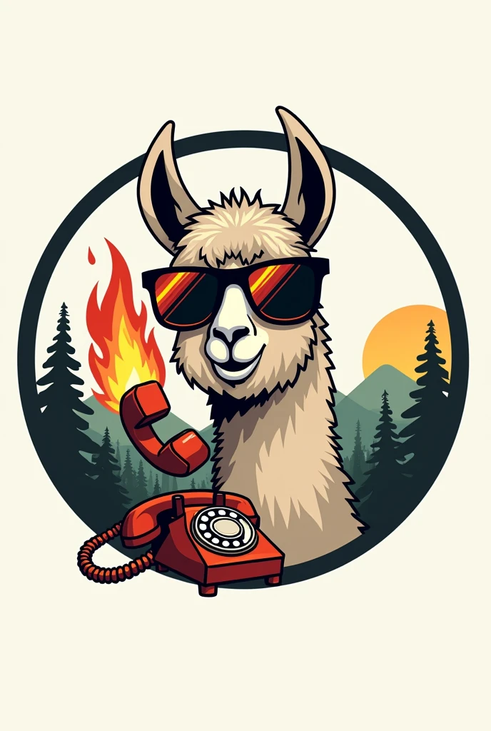 Create a logo for a group about:  a llama or alpaca (animal) with sunglasses, In the reflection of the sunglasses there must be a flame of fire, the animal, that is to say a flame, He must be talking on a vintage phone, all this within a circle.