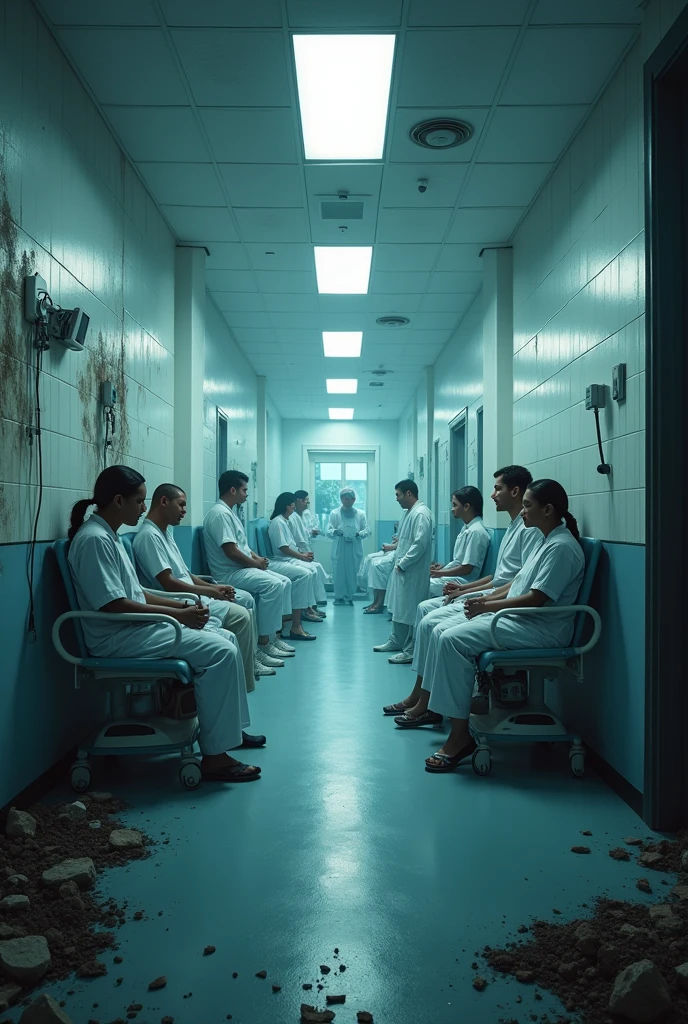 a clean, bright hospital contrasted with a dark, dirty environment filled with sick people