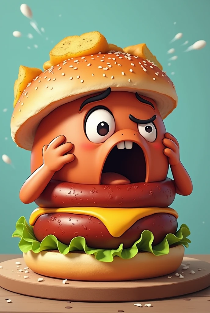 I need a very funny image of the fusion of hamburger and sausage, But I want a funny image where the bread is different, It is a normal bread that is consumed daily......, the salchipapa on top of the hamburger, What I want is for people to laugh when they see the fusion of the SAUSAGE BURGER Making a screaming face on the bread, as if surprised or holding his head. Let's notice the sausage and potato mixed with the hamburger.