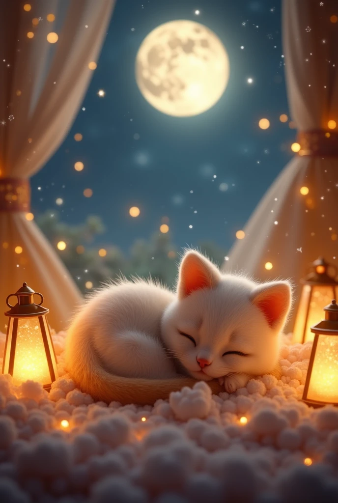 Cute little cat sleeping with fantasy feeling。Plush-like touch。Lying down。There are many stars and a big moon around。Lots of warm lamps。A fantastic and warm atmosphere。