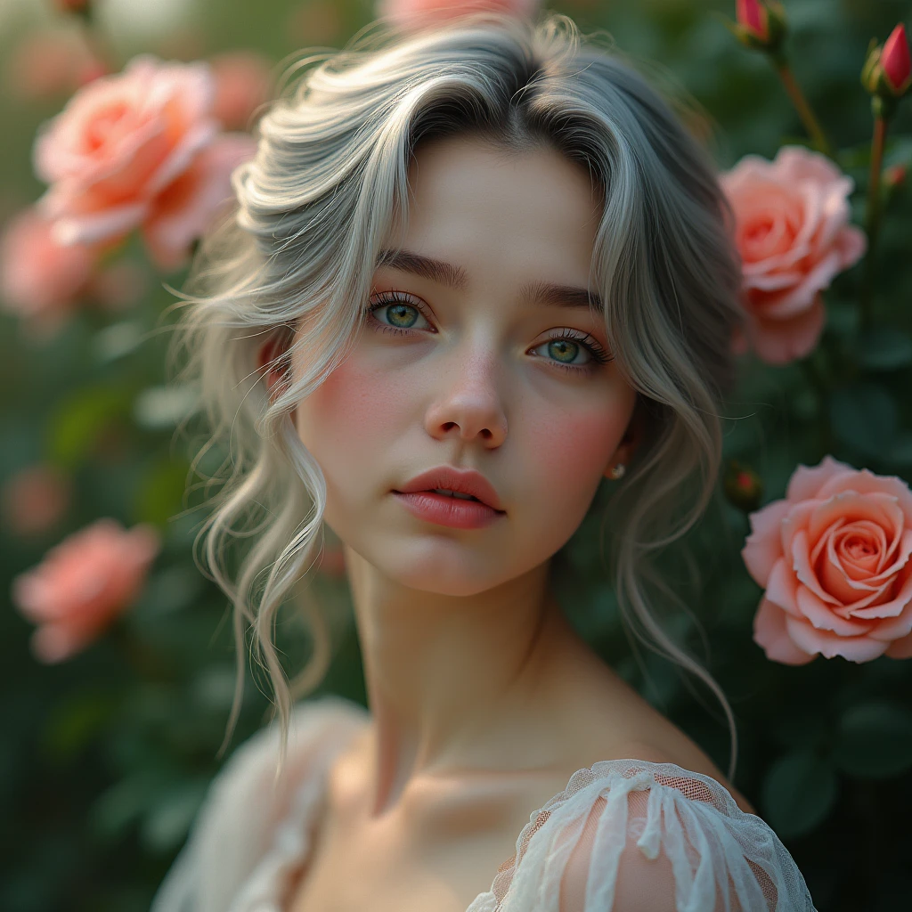 Rose background,Girl with gray hair,HD exquisite face,Beautiful light shining,Art Photography