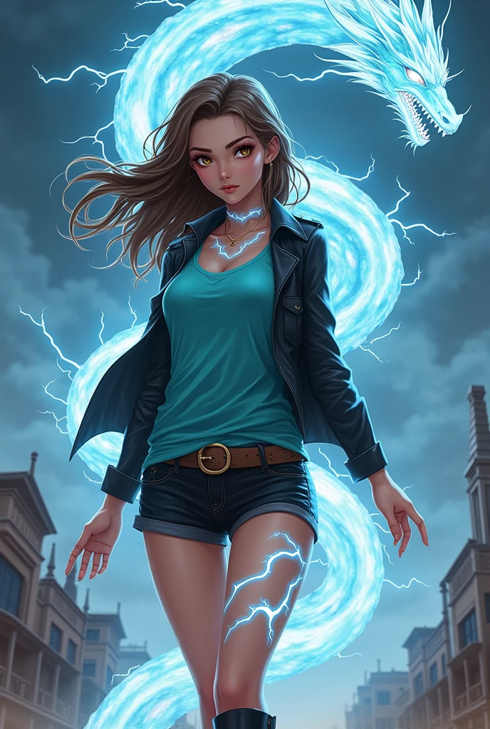 1. 1 white girl 2. Long wavy brown hair 3. Light brown eyes 4. elongated face 6. Big hips 7. He is wearing black shorts 8. Turquoise T-shirt 10. Black jacket 11. He has lightning bolts on his hands and body 12. It has to be full body 13. Wear black boots 17. It has to be in detailed anime version 18. Behind her is a western dragon made of lightning
