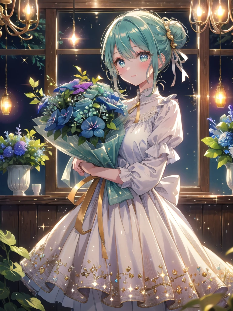 ((8k, Highest quality, masterpiece: 1.3)),Ultra-high resolution,(1 girl, alone), (Color changing eyes, Ultra-detailed, Expressive brilliance, Glitter, Glowing Eyes), Highly detailed eyes, Highly detailed face, Random Hair, ((pastel colour))Picture a woman in a cozy, rustic café with warm lighting and wooden accents. She’s holding a lush bouquet of coral peonies, deep blue delphiniums, and soft green ivy, wrapped in elegant cream-colored paper with a gold ribbon. The bouquet is large and full, creating a vibrant and elegant presentation that stands out against the cozy café setting. She’s dressed in a simple yet chic cream sweater tucked into high-waisted, dark blue jeans, giving her a comfortable and stylish appearance. Her hair is styled in a messy bun with a few tendrils softly framing her face. She stands facing the camera, her smile broad and genuine, her eyes filled with joy and warmth. She extends the bouquet forward with both hands, her posture open and inviting, conveying her happiness and the pleasure of giving. The background includes wooden tables, a few potted plants, and soft, warm lighting, with delicate sparkles adding a festive and cozy touch to the intimate and cheerful scene.