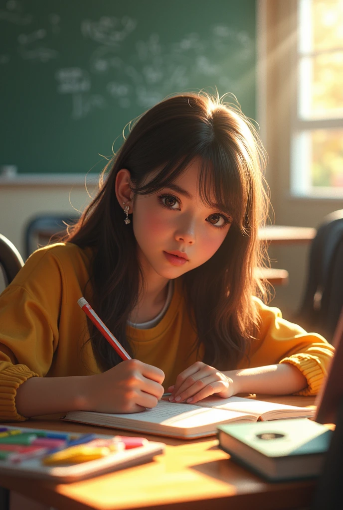 1girl, student, school classroom, sitting at desk, writing in notebook, focused expression, school uniform, light streaming through windows, warm lighting, intricate details, photorealistic, high detail, (best quality,4k,8k,highres,masterpiece:1.2),ultra-detailed,(realistic,photorealistic,photo-realistic:1.37),highly detailed face, beautiful detailed eyes, beautiful detailed lips, extremely detailed eyes and face, long eyelashes, school supplies on desk, backpack on floor, chalkboard in background, warm color tones, soft focus, natural lighting