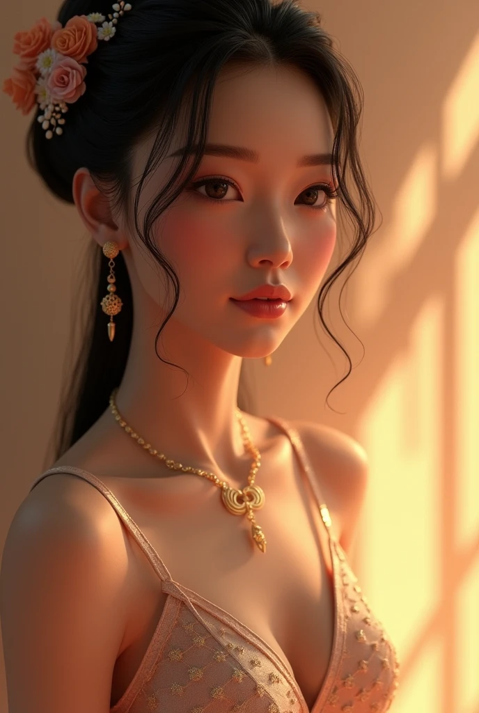 (best quality,4k,8k,high res,masterpiece:1.2),ultra-detailed,(realistic, photorealistic,photo-realistic:1.37), 4D render, gorgeous tan skinned asian princess, beautiful woman shell, intricate details, exquisite facial features, striking eyes, detailed lips, long eyelashes, elegant dress, graceful pose, serene expression, soft lighting, warm color palette, cinematic composition