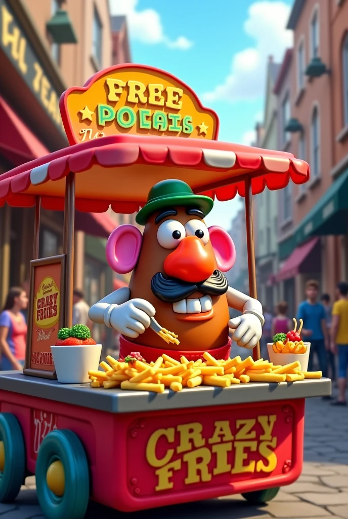Mr. Potato Head cooking crazy fries on a food cart