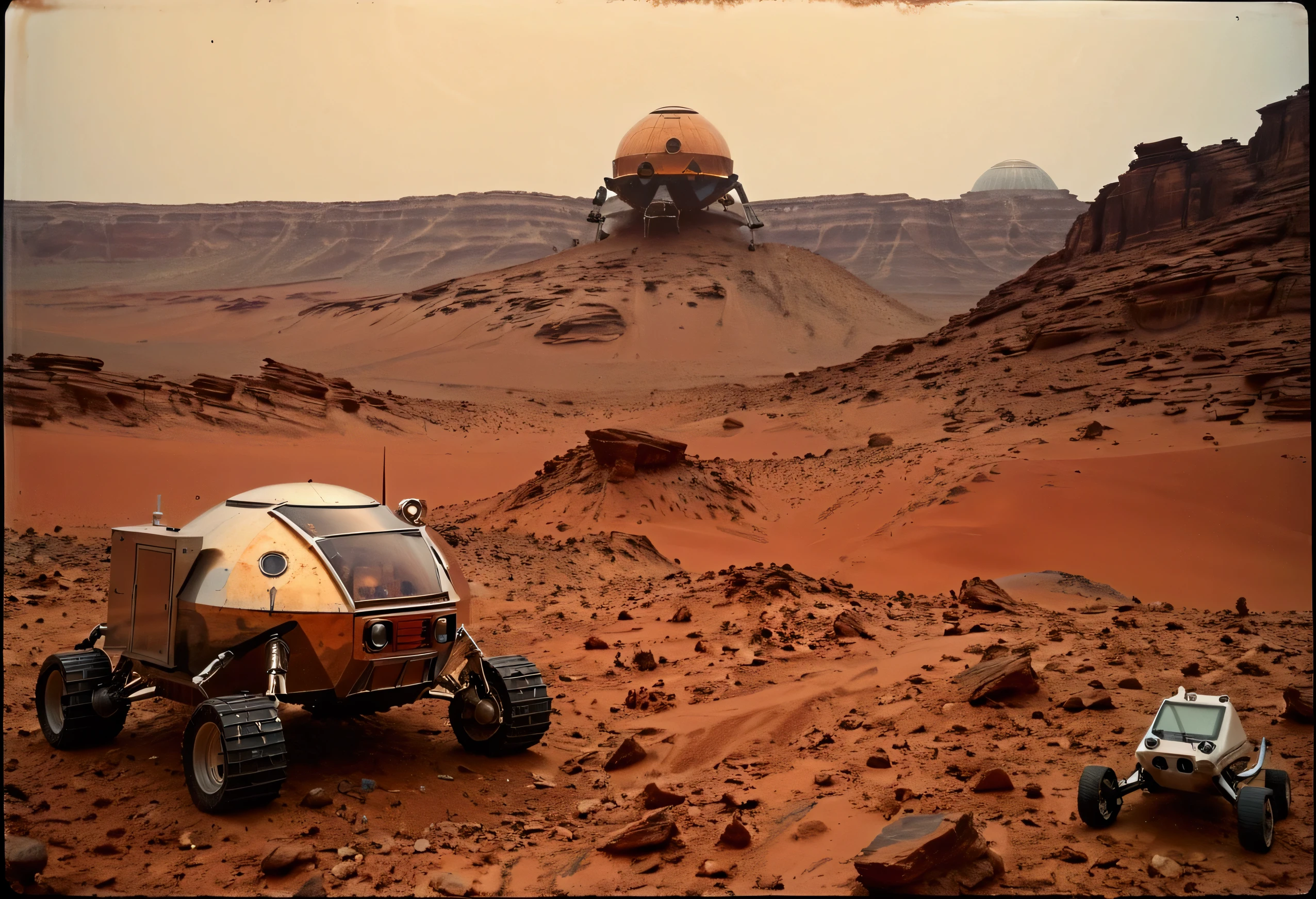 martian vehicle in desert with dome in background, mars rover in background, on the surface of mars, abandoned on mars, buddhist monastery on mars, on the orange surface of mars, landed spaceship in background, mars base, overlooking martian landscape, on a remote desert planet, martian landscape, martian architecture, mars landscape, martian city, mars vacation photo, mars city