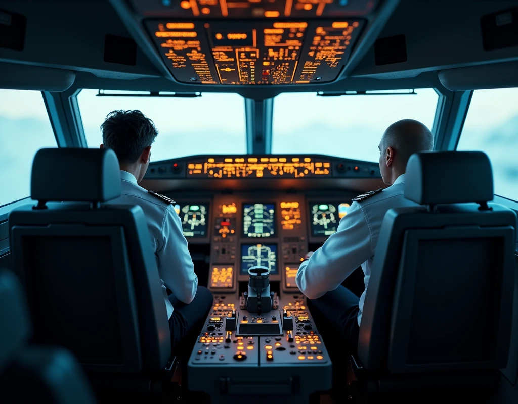 Pilots slumped in their seats, with the control panel showing signs of failure. Pilots must be visibly pale-faced and disoriented., with the cabin disorganized and warning lights on. Show dashboard with multiple blinking indicators and unresponsive buttons. (extremely detailed CG unit 8K wallpaper, Artwork, best quality, ultra-detailed, hdr:1.2)

