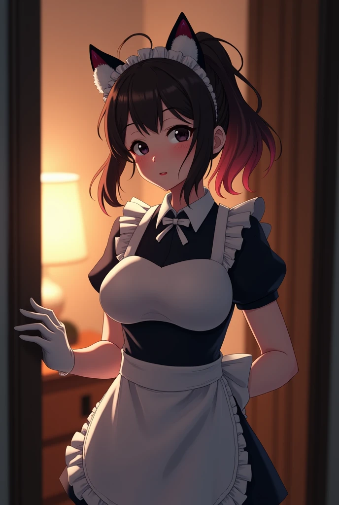 score_9, score_8_up, score_7_up, source_anime, 1girl, black eyes, room, wariza, medium hair, messy ponytail, dark brown hair, gradient hair, portrait, solo, Adult woman, best perfect anatomy, thin, curvy body, flat breasts, curvy body, close up shot on person, a woman showing embarrassment, shy face, blush, light smile, close up shot on person, pov_doorway, a woman showing his hand, mature woman standing poses, wear cat ear kitten headband, maid outfit, white format gloves, dynamic angle. perfect dynamic composition, foreshortening, dramatic shading, night days, volumetric lighting, hotel room background,