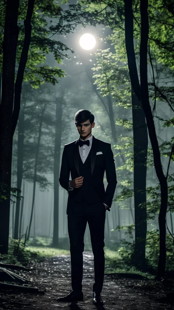 A young man in his early twenties, with tired features, walks through a dense forest at night. The lighting is dim, and a full moon appears between the trees. Suddenly, an elegant man in luxurious black clothes appears from behind a large tree, his features sharp and cunning, looking at the young man in a soft and mysterious way. The atmosphere is mysterious and tense, with dark shadows permeating the place.