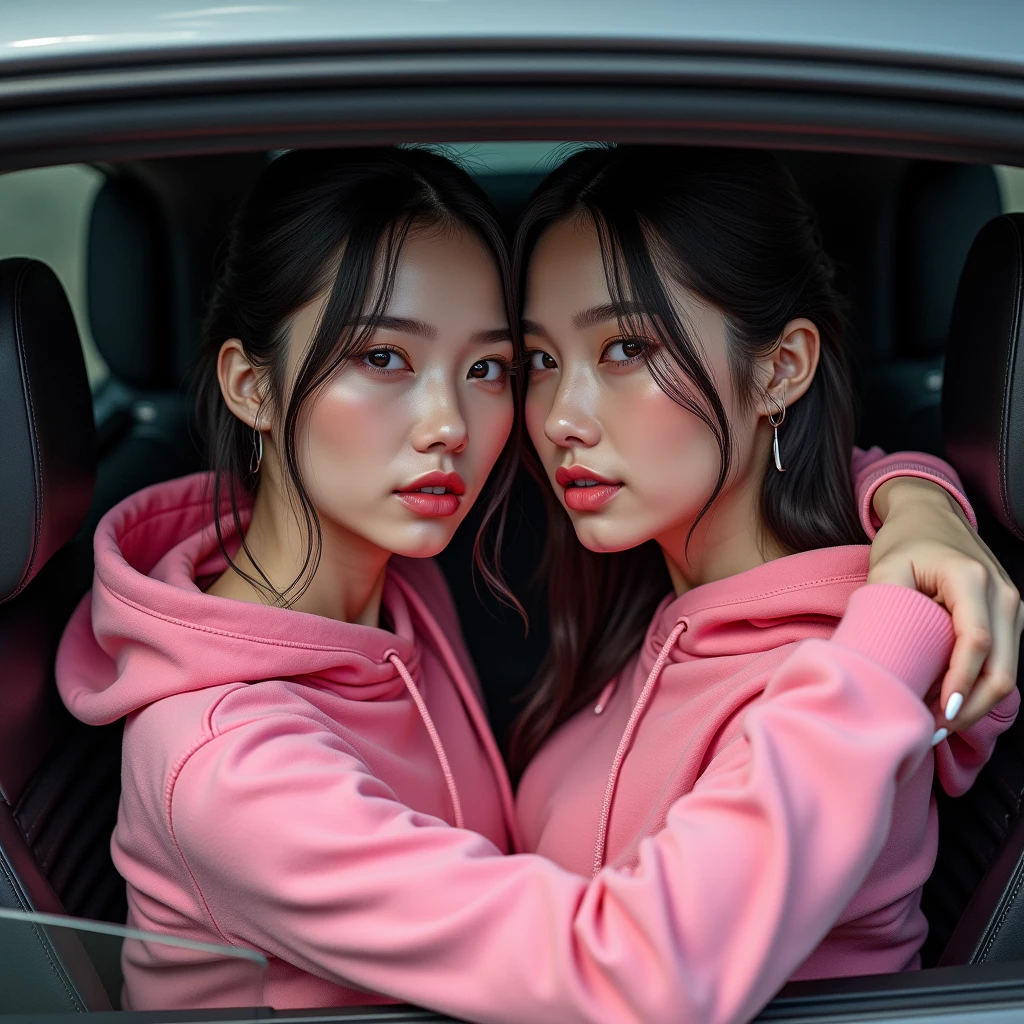Identical twin sisters hugging、High angle photo of a beautiful young girl in cyberpunk style, Realistic skin texture, look up,Pink sweatshirt,Posing in a car, 1 / 2 cuts, 8 5mm Art Lens, 1 1 1. 2, Sharp focus, 8K high resolution, Very detailed, Complex, chic, Art by Stanley Lau and Cyberpunk