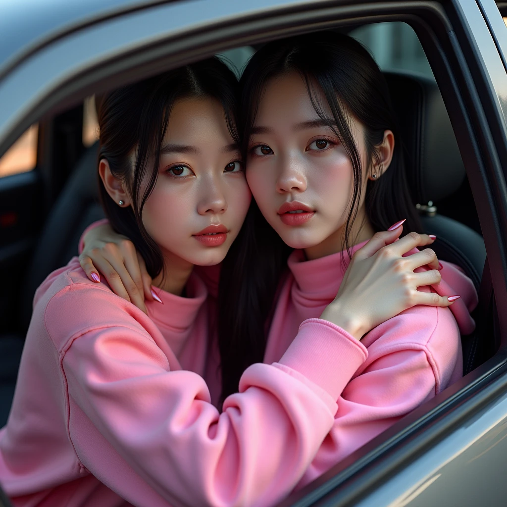 Identical twin sisters hugging、High angle photo of a beautiful young girl in cyberpunk style, Realistic skin texture, look up,Pink sweatshirt,Posing in a car, 1 / 2 cuts, 8 5mm Art Lens, 1 1 1. 2, Sharp focus, 8K high resolution, Very detailed, Complex, chic, Art by Stanley Lau and Cyberpunk