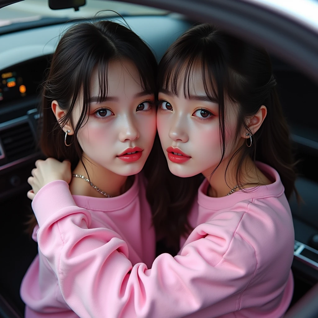 Identical twin sisters hugging、High angle photo of a beautiful young girl in cyberpunk style, Realistic skin texture, look up,Pink sweatshirt,Posing in a car, 1 / 2 cuts, 8 5mm Art Lens, 1 1 1. 2, Sharp focus, 8K high resolution, Very detailed, Complex, chic, Art by Stanley Lau and Cyberpunk