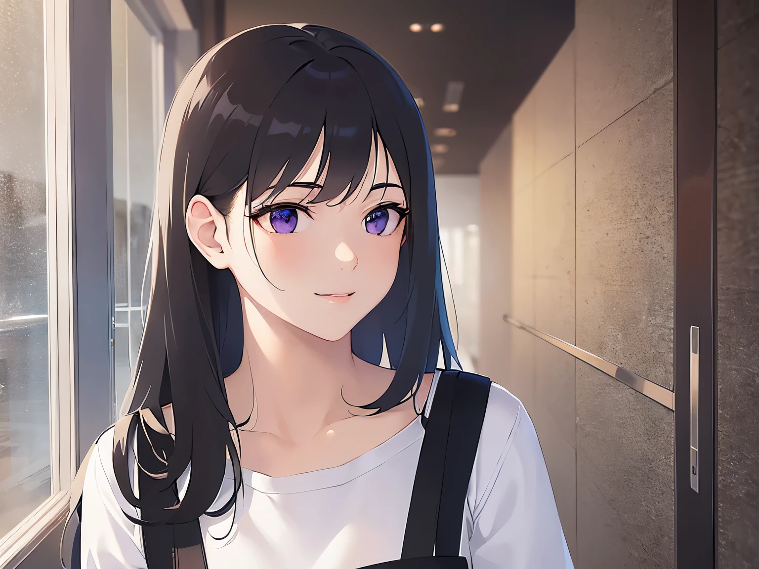 side angle,(looking away:1.5),Realistic,real person,RAW photo,photorealistic,BREAK(White T-shirt)and(Black apron:1.5)BREAK,(pale skin: 1.2),shiny skin,shiny hair,-old woman with straight hair and bangs)and(medium hair)and(black hair)and(purple eyes),(smile),The background is the company meeting room.,alone