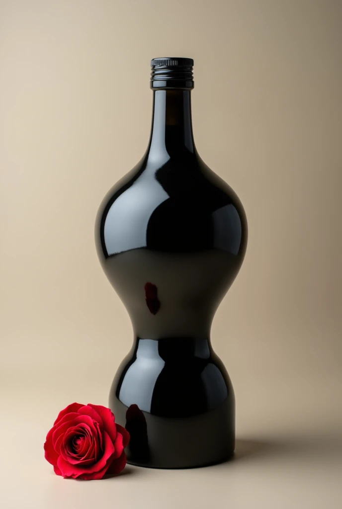 A bottle of dark olive oil, cylindrical in shape with a base that is smaller than the top and a narrow, short neck with a black screw-on lid. Make a red rose on the bottom of that bottle.