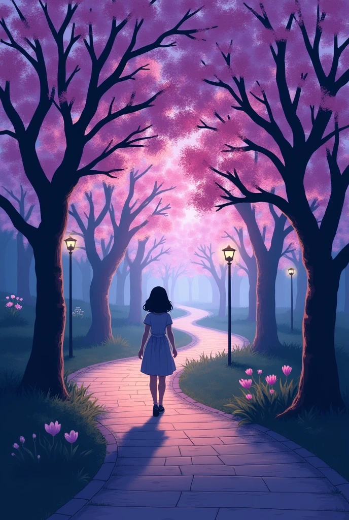 LOGO FOR RESTAURANT WITH THE WORD BOULEVARD making a path with purple leaf trees looked like cherry trees with streetlights and the shadow of a girl
