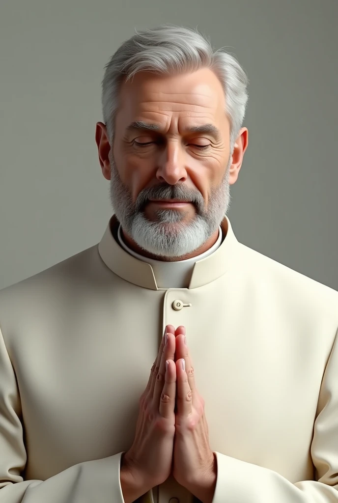 Create a realistic and detailed image of a bishop from the bust up. The bishop must be a white man, with angelic features and an elegant, well-dressed appearance. The focus should be on a calm expression and sophisticated attire.. The bishop should be dressed in a formal tunic or jacket., that conveys a sense of dignity and respect, but that is not explicitly associated with a specific religion. The color of the suit can be a neutral and elegant tone., like white, cream or light gray.
must be around 40 years old, muka: The expression should be calm and inspiring., eyes that convey wisdom and compassion.
hair and beard: Hair must be well groomed, preferably in a classic and understated style.
Lighting: Use soft, diffuse lighting to highlight facial features and the shine of the outfit., creating an angelic effect.
fund: The background should be neutral and subtle., to keep the focus on the bishop. It can be a solid color or a lightly textured background that doesn't distract attention..
position of the hands: Hands should be together in front of the chest, in a classic prayer position.
eyeballs: They must be closed, but make sure the image does not include wings or any other supernatural elements.
head: The head should be tilted slightly downwards, in a position of humility and reflection.
muka: The facial expression should be calm and serious., no smile, reflecting an attitude of deep contemplation and respect.