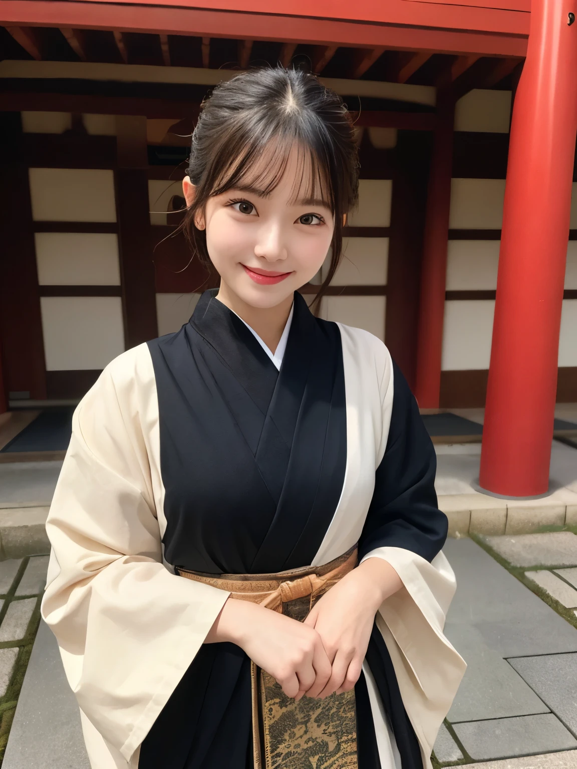 1girl, solo, highres, best_quality, masterpiece, detailed_background, intricate_details, beautiful, kanazawa, myoryuji, ninja_temple, historical, ninja costume, mysterious, smile, looking_at_viewer, dynamic_pose, natural_pose, candid, happy