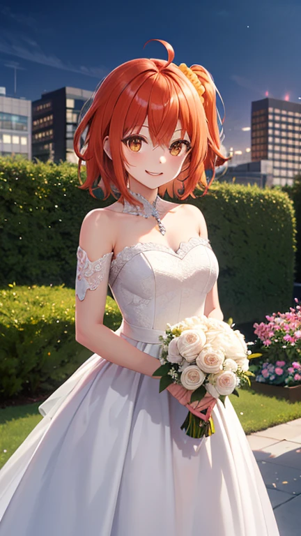 masterpiece, best quality, highres, aaritsuka, short hair, ahoge, hair scrunchie, orange scrunchie, smile, city, garden, wedding dress, off the shoulder